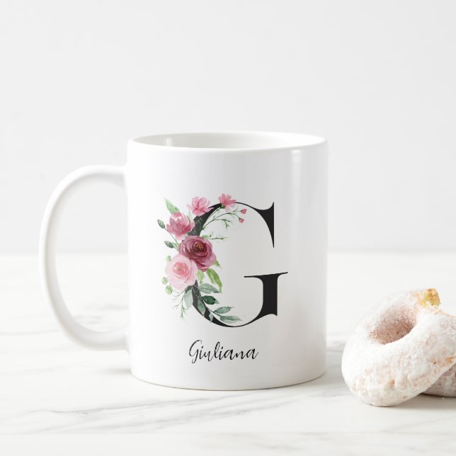 Mug Initiale Florale G Roses Roses Éditable (Avec donut)
