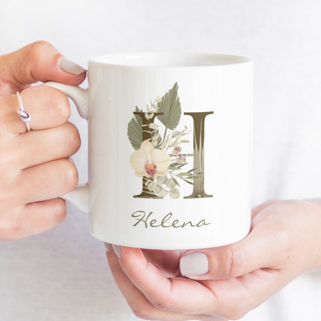 Mug Initiale H Boho Floral Orchid Green Nom personnali (Créateur téléchargé)