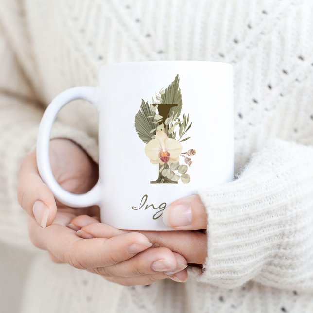 Mug Initiale I Boho Floral Orchid Green Nom personnali (Créateur téléchargé)