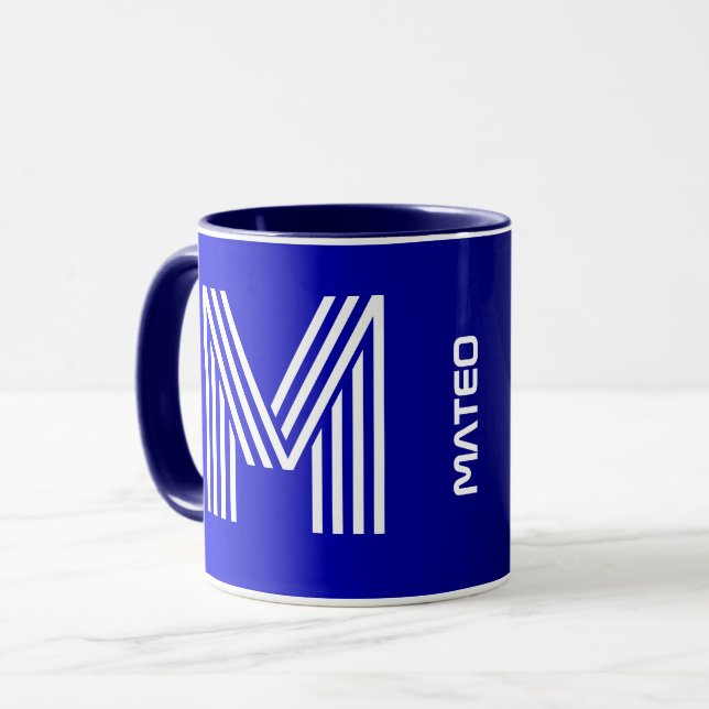 Mug Initiale moderne et nom | Monogramme noir bleu uni (Devant gauche)