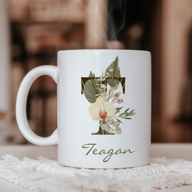 Mug Initiale T Boho Floral Orchid Green Nom personnali (Créateur téléchargé)
