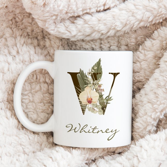 Mug Initiale W Boho Floral Orchid Green Nom personnali (Créateur téléchargé)