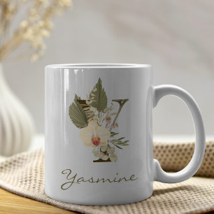 Mug Initiale Y Boho Floral Orchid Green Nom personnali