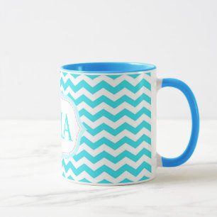 Mug initiales monogramme rayures chevron bleu aqua mod