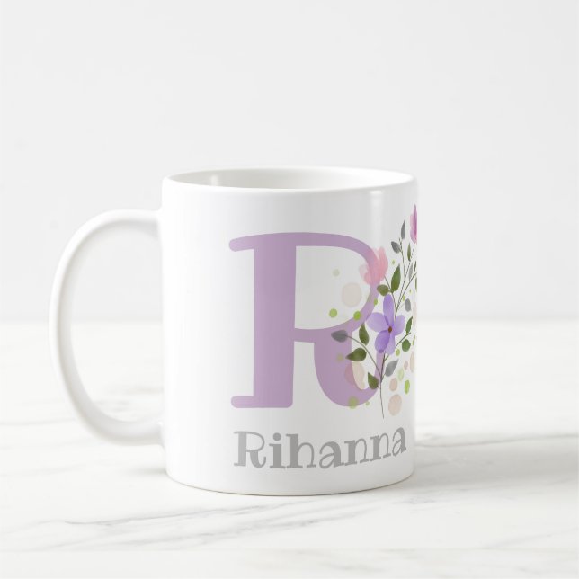 Mug Initiales Plus Nom avec Fleurs. Dessin Floral (Gauche)