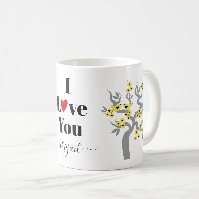 Mug Inséparables jaunes, cerisier gris aux fleurs (Devant droit)