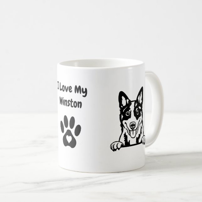 Mug J'aime mon HEELER BLEU | Nom et Empreinte de patte (Devant droit)