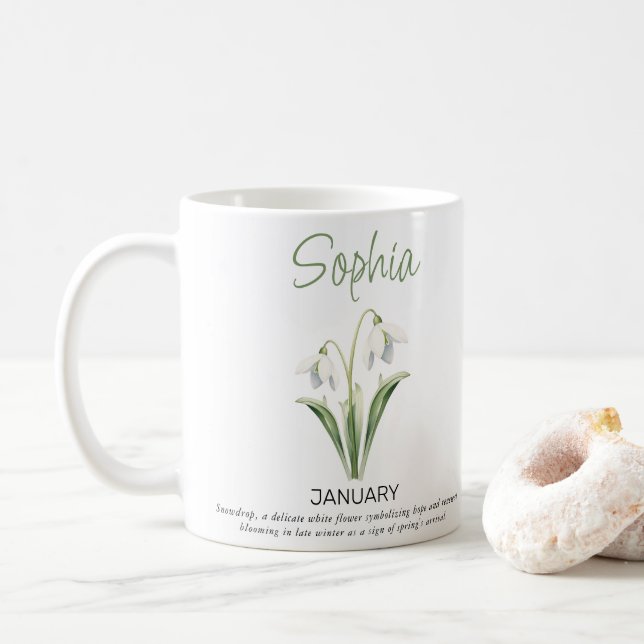 Mug Janvier Fleur de naissance personnalisée (Avec donut)