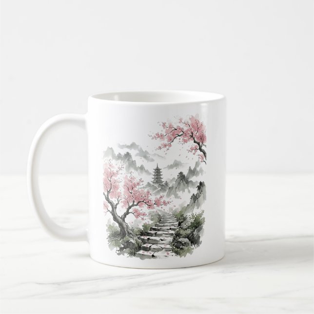 Mug Japanese Cherry Blossom Pagoda Watercolor (Gauche)