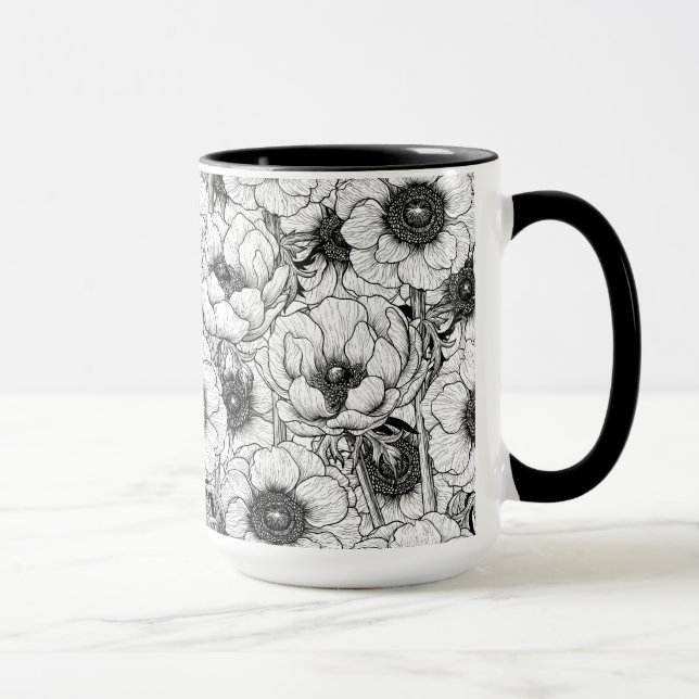 Mug Jardin d'anémones en noir et blanc (Droite)