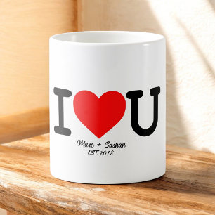 Mug Je t'aime : Cœur rouge avec noms personnalisés et 