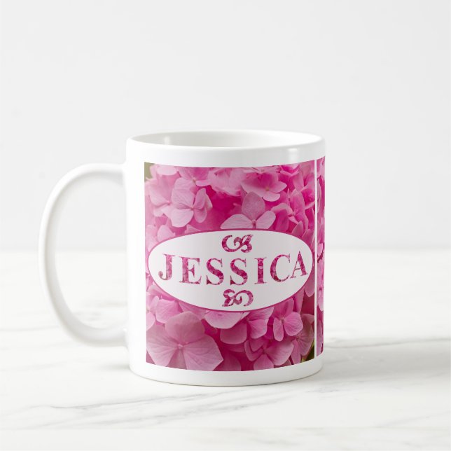Mug "Jessica" Élégante Hydrangée Rose Florale Lettres (Gauche)