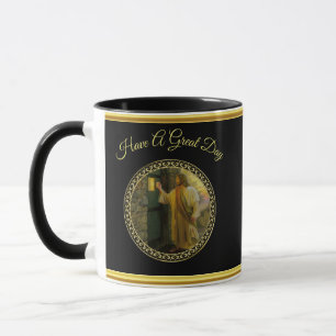 Mug Jésus à votre porte en feuilles d'or et en noir