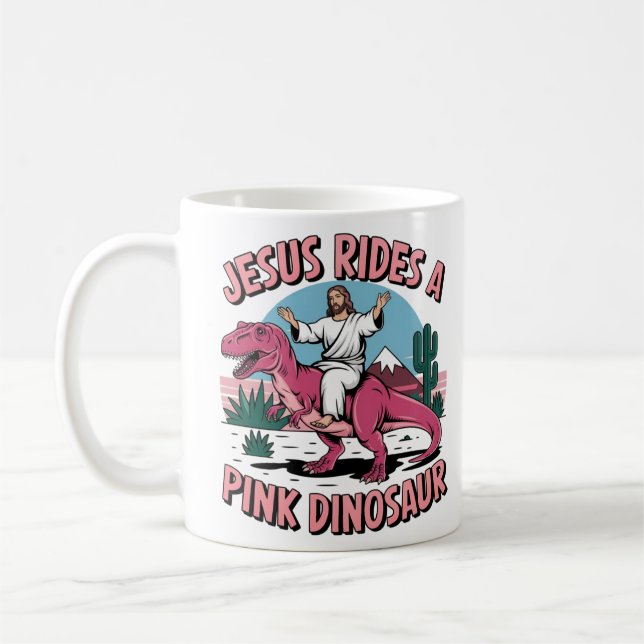 Mug Jésus Mèmes Drôle, Jésus Dirige Un Dinosaure Rose (Gauche)