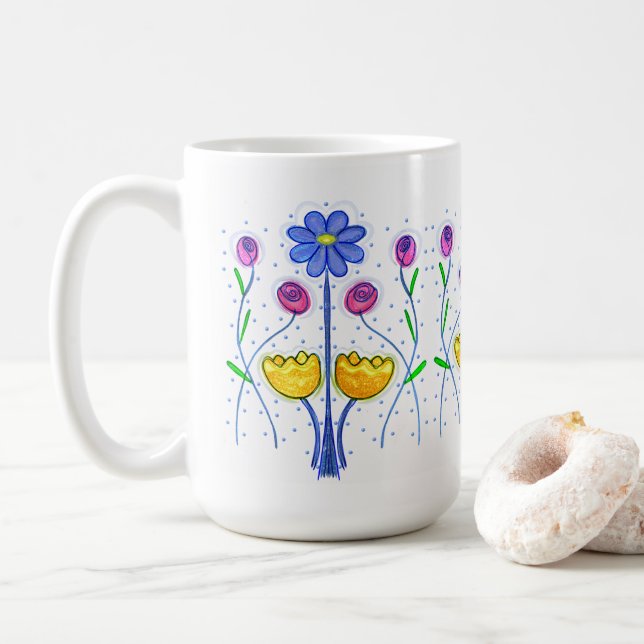 Mug Joli Art Fleur En Ligne Bleu Rose Jaune (Avec donut)