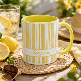 Mug Joli café rayé jaune nom personnalisé