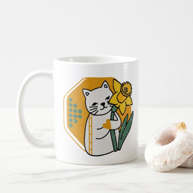 Mug Joli chat avec fleur de jonquille jaune (Avec donut)