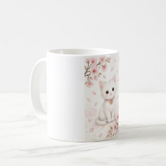Mug Joli chat blanc aquarelle avec fleurs de cerisier