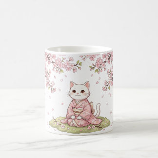 Mug Joli chat blanc en kimono rose sous les fleurs de