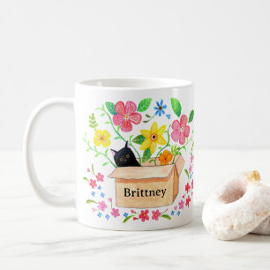 Mug Joli Chat Noir dans une Boîte Fleurie Nom Personna