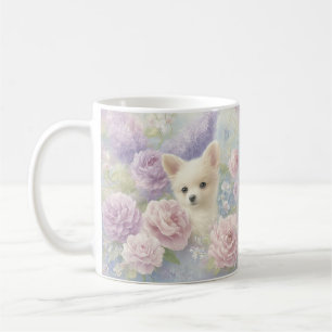 Mug joli chiot blanc avec des fleurs