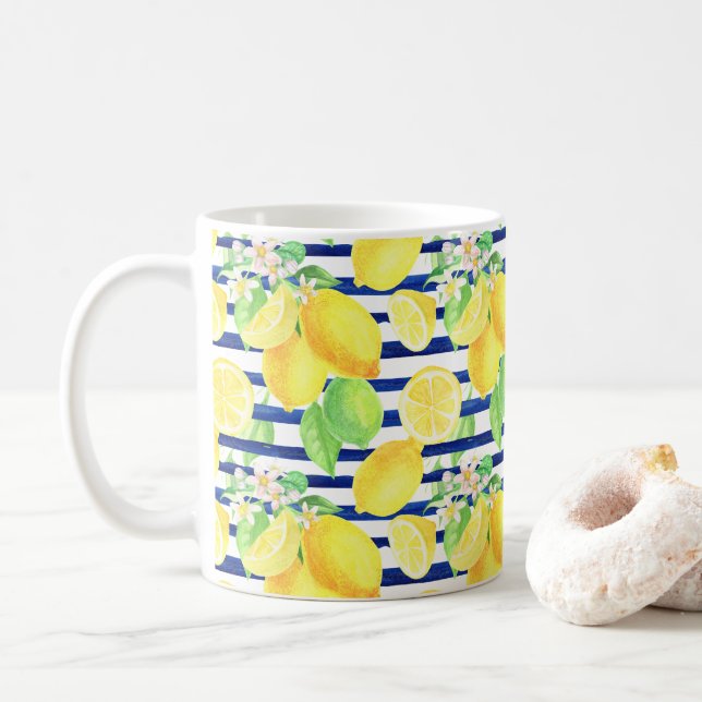 Mug Joli citrons aquarelle sur bandes bleues (Avec donut)