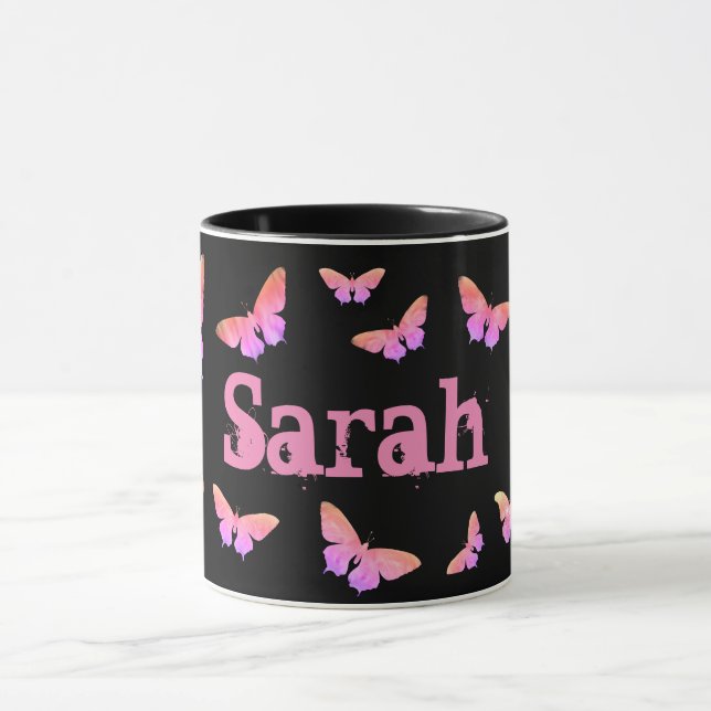 Mug Joli Cool rose papillon Pop Art Ajouter Nom Sarah (Centre)