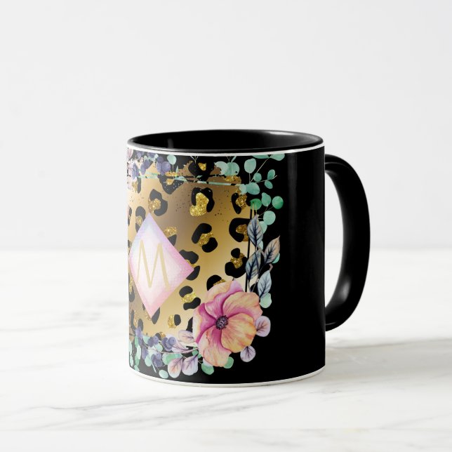 Mug Joli Empreinte de léopard or rose rose  Monogramme (Devant droit)