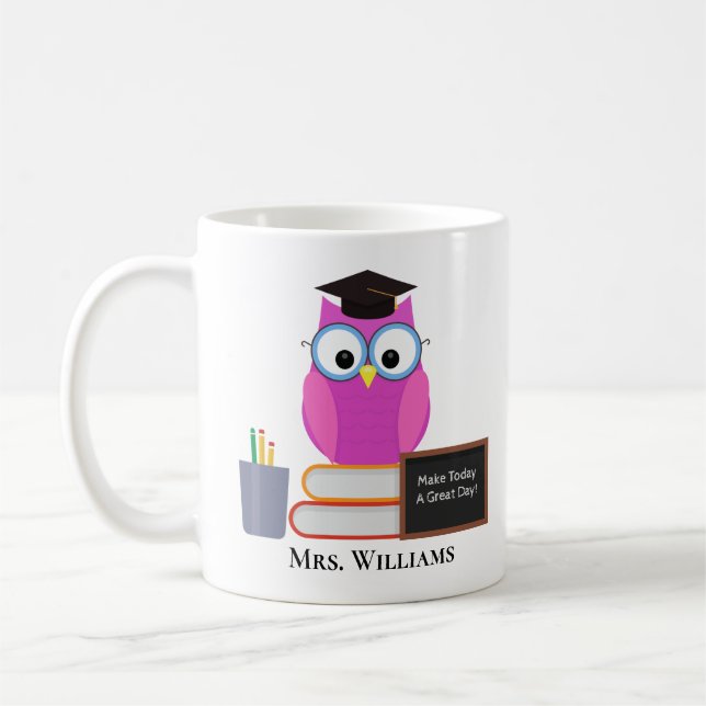 Mug Joli enseignant sur mesure Pink Owl School Monogra (Gauche)