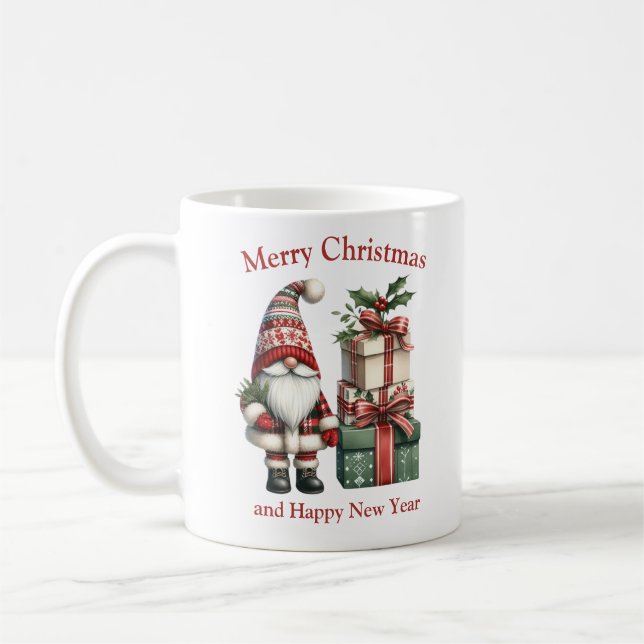 Mug Joli gnome de Noël rouge et vert avec cadeaux (Gauche)