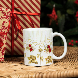 Mug Joli Golden moderne, Roses rouges et Coeurs suspen