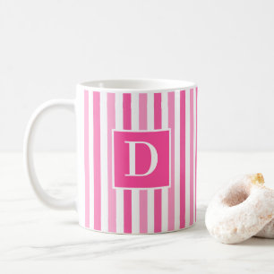 Mug Joli initiale unique rayé moderne rose et blanc