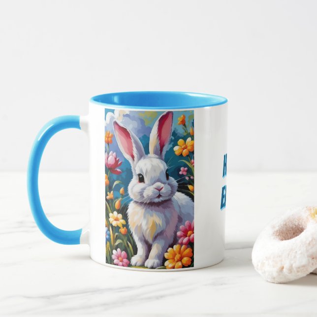 Mug Joli Lapin Blanc Entouré de Fleurs Vibrantes (Avec donut)