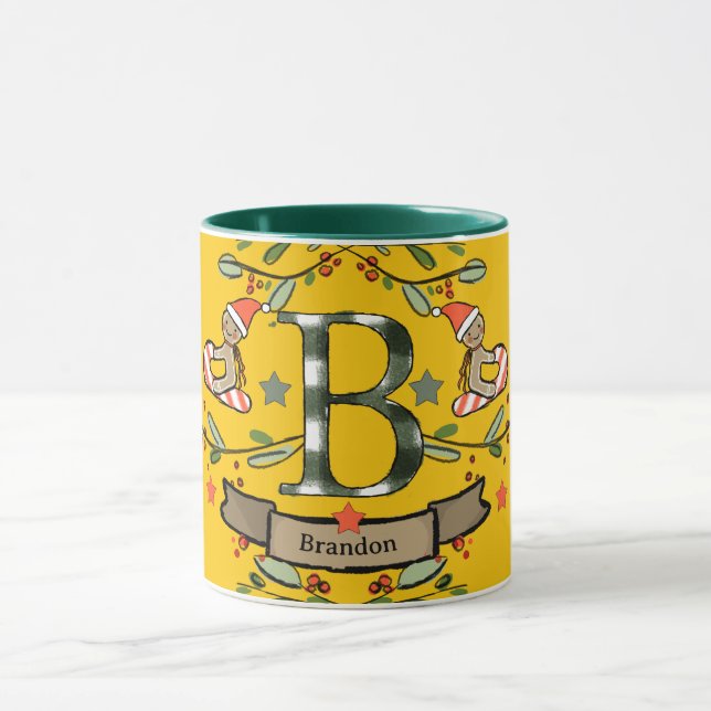 Mug Joli Monogramme de Noël rétro "B" avec le nom (Centre)