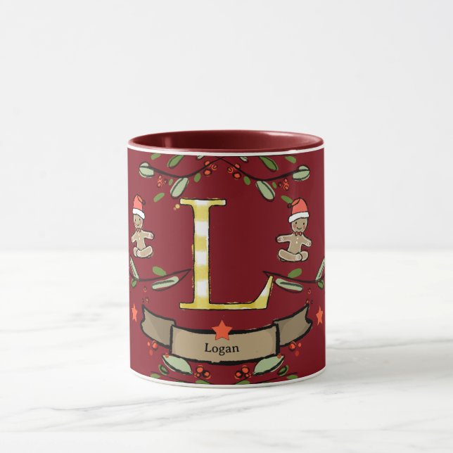 Mug Joli Monogramme de Noël rétro "L" avec le nom (Centre)