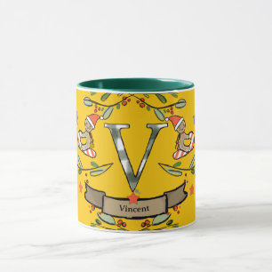 Mug Joli Monogramme de Noël rétro "V" avec le nom