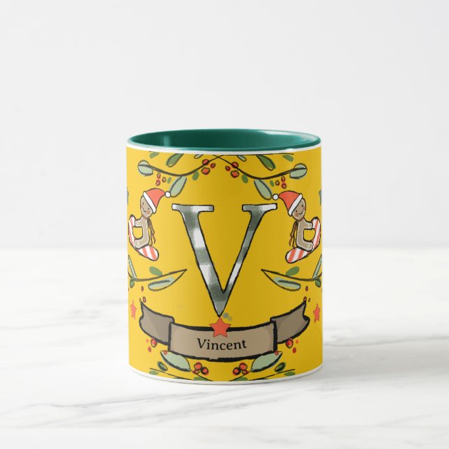 Mug Joli Monogramme de Noël rétro "V" avec le nom (Centre)