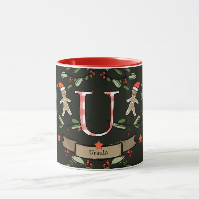 Mug Joli Monogramme de Noël "U" avec le nom (Centre)