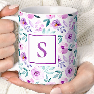 Mug Joli monogramme floral violet pour fille mignonne