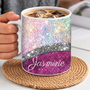 Mug Joli monogramme iridescent rose argent faux paille