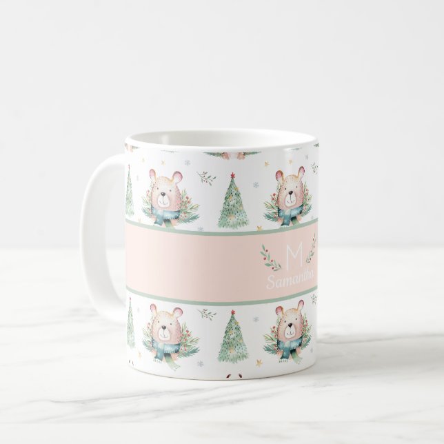 Mug Joli Noël Arbres de Noël Forêt Ours Monogramme (Devant gauche)
