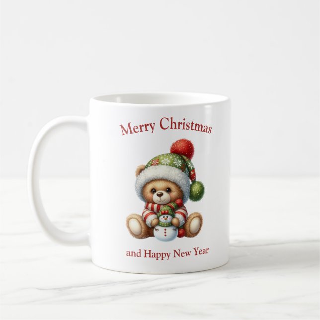 Mug Joli ours en peluche de Noël enlacé bonhomme de ne (Gauche)