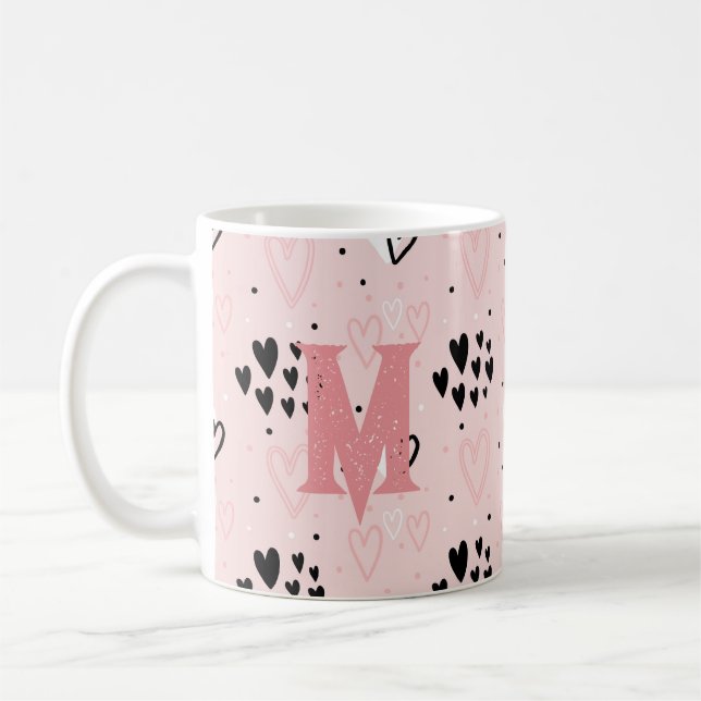 Mug Joli Pink Blush Blanc Coeurs Noirs Monogramme (Gauche)