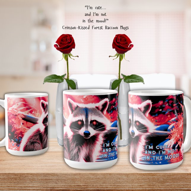 Mug Joli Raccoon En Forêt Rouge Par Stream 15 oz. ("I'm cute... and I'm not in the mood!" adorable forest raccoon highlighted in vibrant red coffee mug)