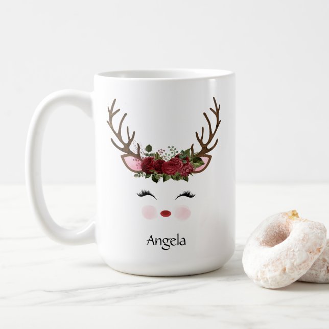 Mug Joli renne de Noël Rouge Floral (Avec donut)