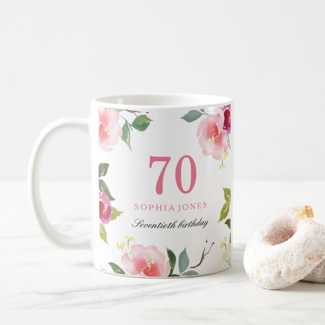 Mug Joli rose élégant floral 70e anniversaire cadeau (Avec donut)