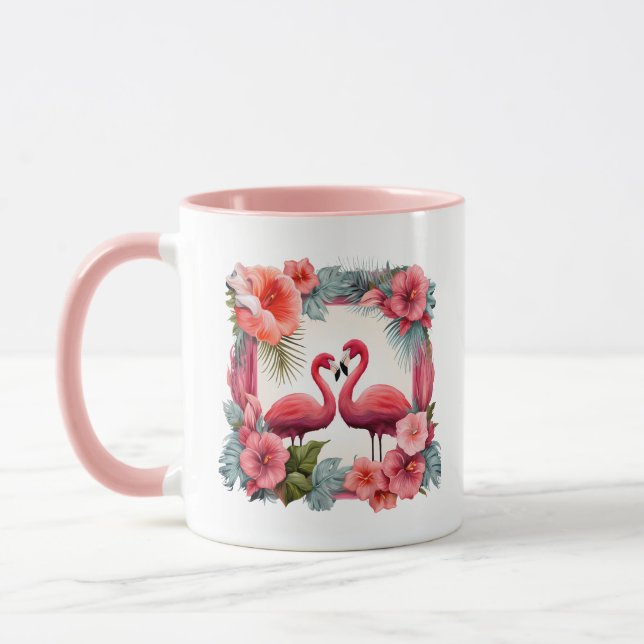 Mug Joli rose flamingo ajouter des noms Mariage Date (Gauche)