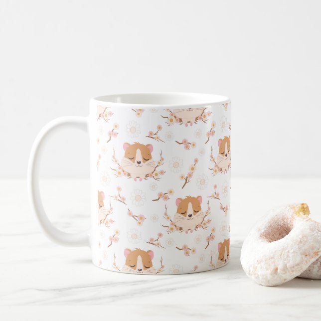 Mug Joli visage Hamster et Motif de fleurs roses (Avec donut)