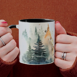 Mug Jolie aquarelle pinède brumeuse Noël