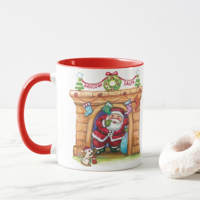 Mug Jolie Caricature Jolly Santa Claus Descendre Chimn (Avec donut)